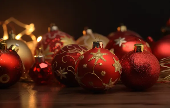 Фон, шары, новый год, Рождество, red, golden, Christmas, balls