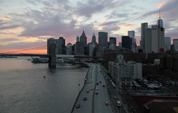 Картинка USA, United States, bridge, water, New York, Manhattan, New York City, Skyline