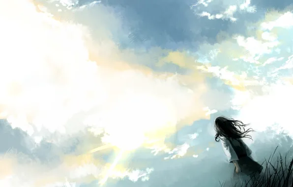 Картинка небо, трава, облака, девочка