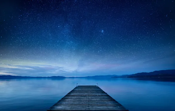 Картинка небо, звезды, природа, Озеро, причал