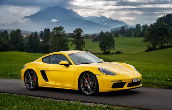 Дорога, облака, деревья, горы, Желтый, Трава, Porsche, Порш