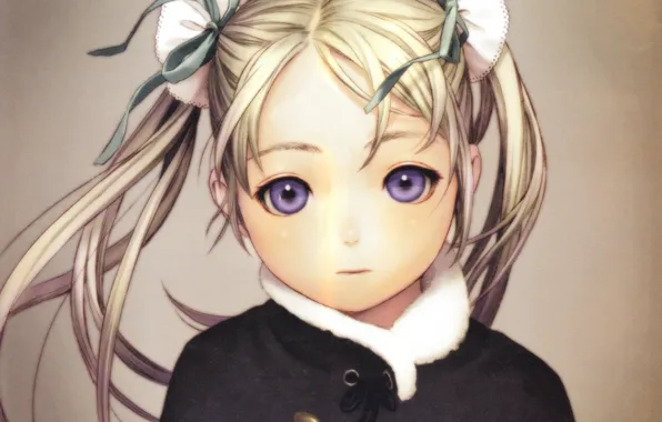 Лицо, прическа, мех, серый фон, накидка, два хвостика, Last Exile, Изгнанник