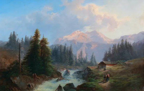 Горы, Деревья, Река, Дом, Люди, Картина, Австрийский художник, Густав Барбарини