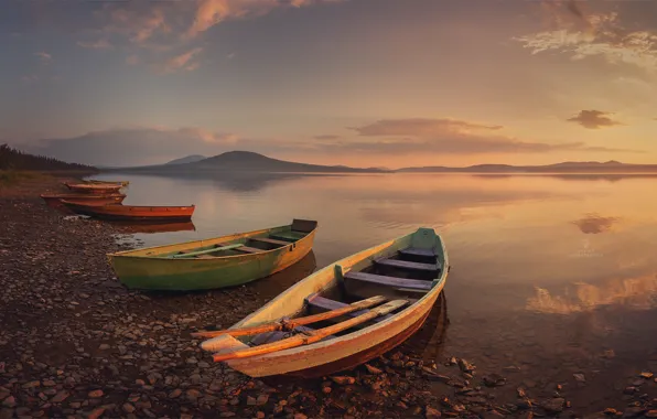 Картинка озеро, лодки, вечер, lake, evening, boats, Зюраткуль, Дмитрий Купрацевич