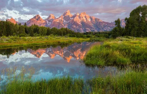 Картинка трава, вода, пейзаж, горы, природа, отражение, утро, США