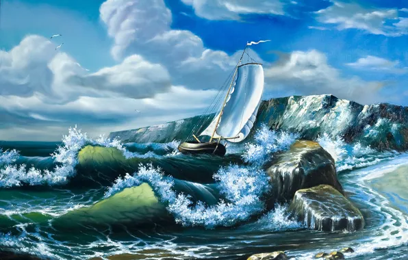 Море, волны, небо, облака, корабль, чайки, картина, паруса