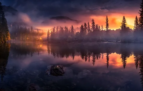 Картинка закат, туман, озеро