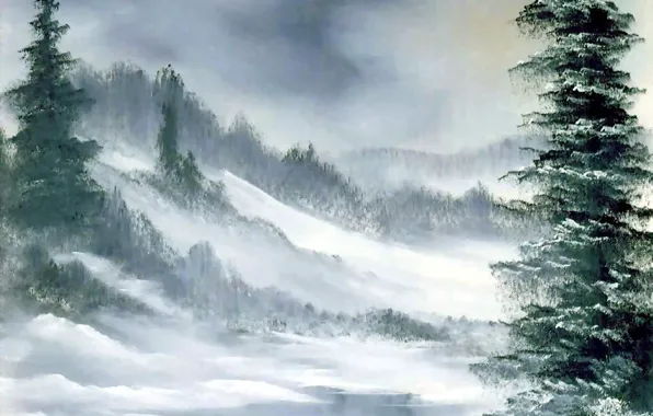 Картинка зима, лес, снег, деревья, туман, картина, ели, вьюга, живопись, снегопад, Bob Ross, grey winter