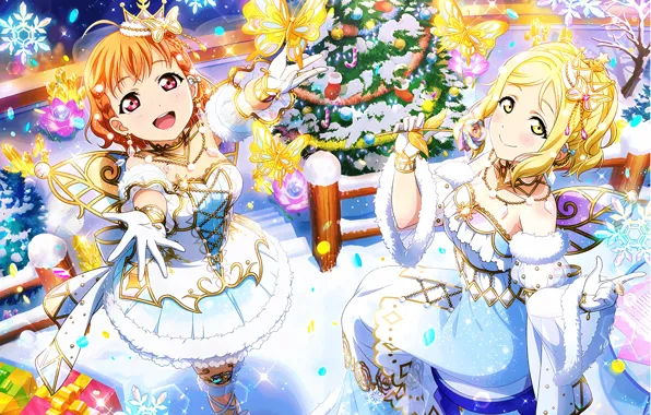 Картинка Ohara Mari, нарядная ёлка, Takami Chika, Merry Christmas, подарки новогодние, корона, снежинки, Love Live!, Новый …