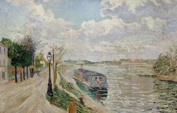 Картинка пейзаж, город, река, картина, Поль Синьяк, Сент-Уэн. Набережная