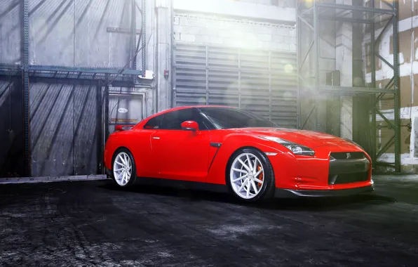 Картинка GTR, red, Nissan, wheels, vossen, frontside