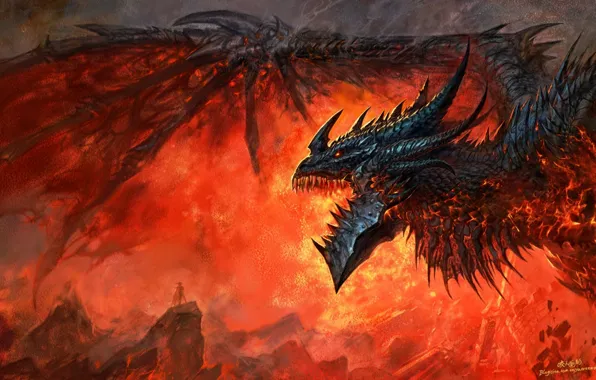 Картинка пламя, дракон, wow, world of warcraft, cataclysm, смертокрыл, deathwing, dragon