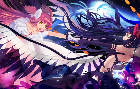 Картинка цветы, жест, mahou shoujo madoka magica, art, akemi homura, kaname madoka, космос, tsubasa19900920, девушки