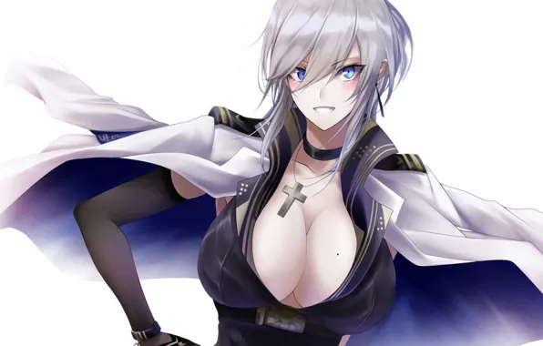 Картинка blouse, blue eyes, blazer, short hair, Washington, handsome, breasts, big boobs, silver hair, anime, Azur …