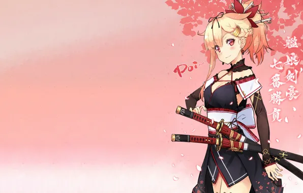 Картинка Yuudachi, red eyes, swords, short hair, handsome, breasts, thighs, anime, dress, attractive, boobs, oriental dress, …