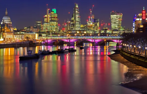 Картинка река, Лондон, Англия, дома, ночь, мост, огни