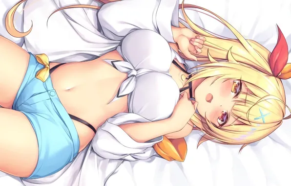 Картинка beautiful, shorts, anime, Hololive, blouse, sexy, attractive, boobs, handsome, navel, girl, blonde, Virtual YouTuber, breasts, …