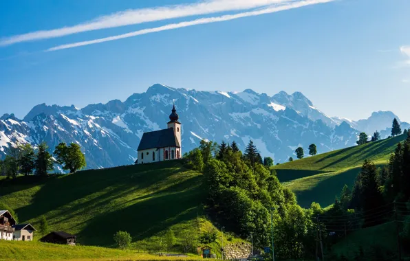 Картинка лес, горы, Австрия, домики, часовня, Хохкёниг
