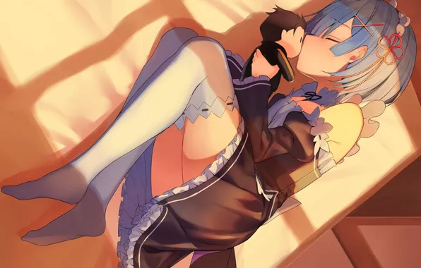 Картинка поцелуй, игрушка, Рем, девушка, арт, Re: Zero kara Hajimeru Isekai Seikatsu, аниме