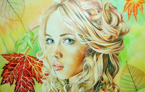 Картинка осень, взгляд, листья, девушка, лицо, блондинка, губы, живопись, кудри, зеленые глаза, Christina Papagianni