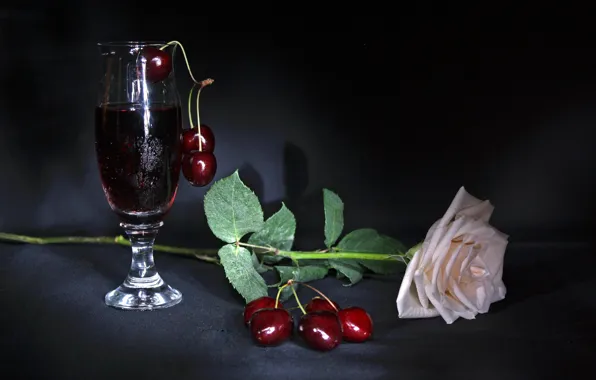 Картинка вишня, роза, бокал вина