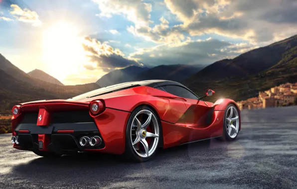 Картинка дорога, солнце, горы, фары, вид, Ferrari, Ферари, колёса, Ferrari Rear