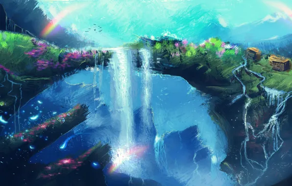 Картинка цветы, птицы, фантазия, водопад, радуга, арт