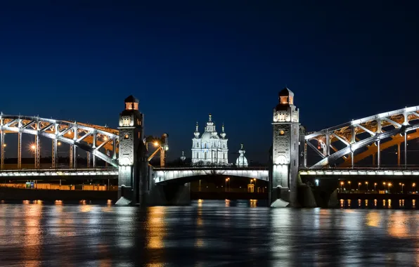 Картинка ночь, мост, город, река, Питер, освещение, Санкт-Петербург, Смольный собор, Нева