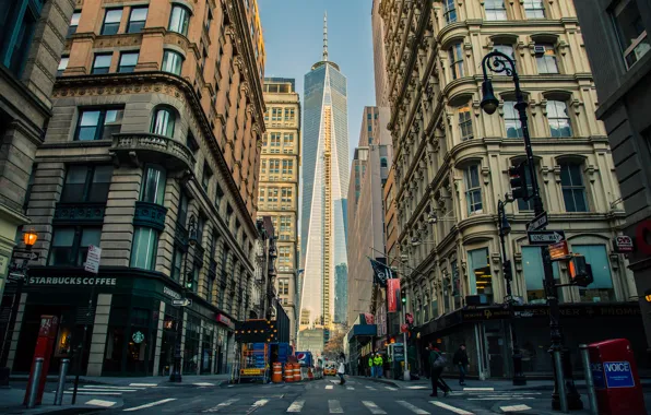 Картинка USA, United States, New York, Manhattan, NYC, New York City, skyscraper, street, architecture, starbucks, One …
