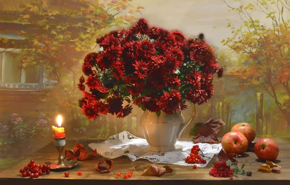 Картинка цветы, стиль, яблоки, свеча, букет, хризантемы, осенний натюрморт, Валентина Колова