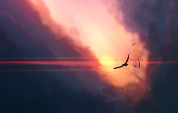 Картинка sky, sunset, art, clouds, birds, sun, artist, digital art
