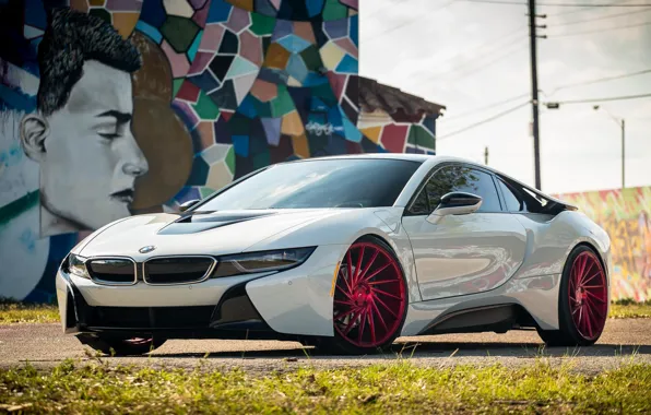 Картинка bmw, red, white, wheels, tuning, face, germany, vossen, street art, electro car