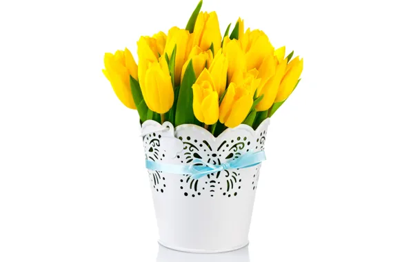 Картинка букет, желтые, тюльпаны, ваза, бант, flowers, tulips