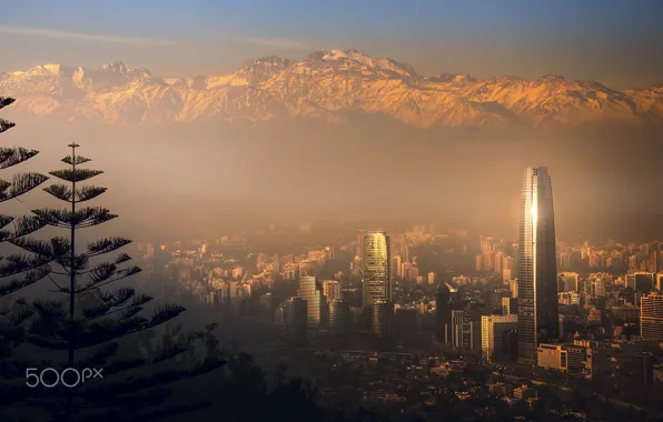 Картинка свет, горы, город, туман, дымка, Чили, Сантьяго