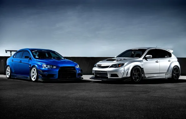 Картинка Subaru, Impreza, Mitsubishi, Lancer, Evolution, blue, front, silvery, race car, обвес, STi