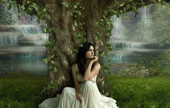 Картинка девушка, дерево, платье
