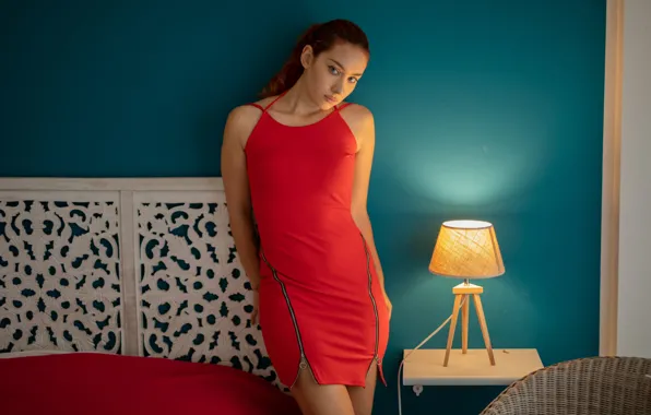 Картинка model, awesome, redhead, bedroom, gorgeous, photoshoot, posing, red dress