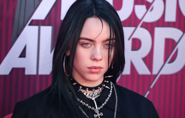 Картинка брюнетка, шипы, певица, черные волосы, singer, Billie Eilish, Билли Айлиш