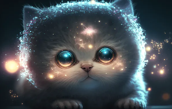 Картинка кошка, глаза, сияние, котенок, мордочка, фантастический котик, ИИ-арт, нейросеть, искусство искусственного интеллекта, космический взгляд