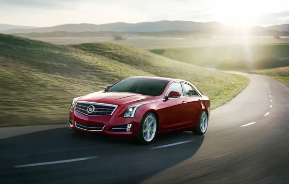 Картинка дорога, солнце, красный, фон, холмы, Cadillac, седан, передок