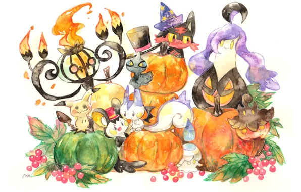 Картинка Pokémon, Pachirisu, Emolga, Pumpkaboo, Litten, Litwick, Хэллоуин, Mimikyu, фантастика, Shuppet, Chandelure
