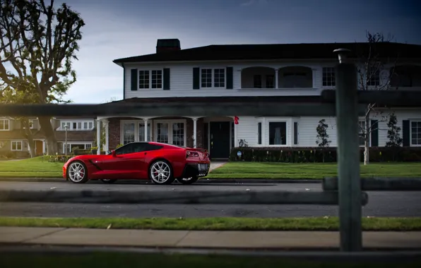 Картинка Corvette, Chevrolet, House, Red, Car, Street, Sport, Stingray, 2014, Rear