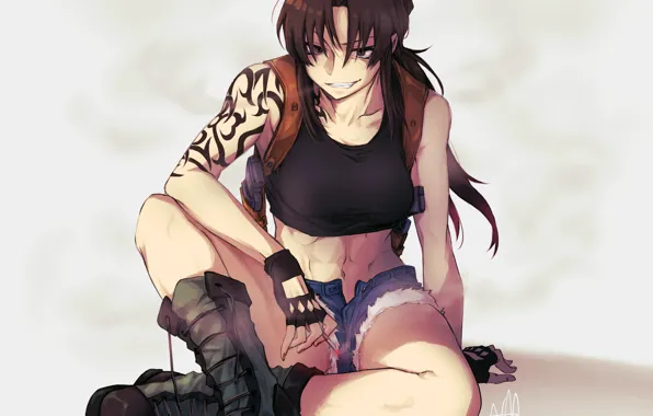 Картинка shorts, anime, tattoo, cigarette, girl, smoke, Hiroe Rei, gun, weapon, Black Lagoon, Revy, anime girl, …