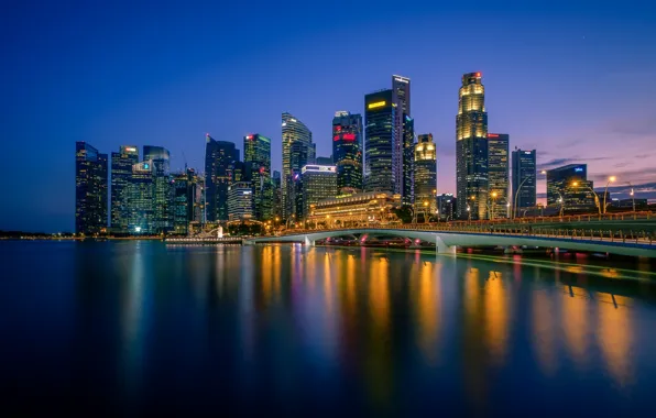 Картинка ночь, огни, Сингапур, skyline, Singapore, Marina Bay, Merlion Park