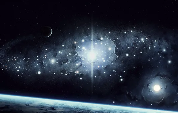 Картинка космос, звезды, поверхность, свет, земля, планеты