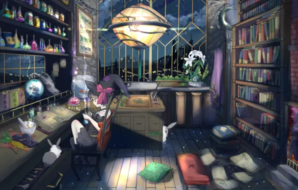 Картинка алхимия, кролик, аниме, ведьма, библиотека