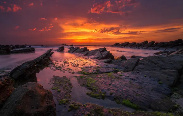 Картинка море, небо, закат, скалы, Испания, spain, barrika beach