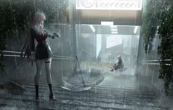 Картинка девушки, лестница, дождь, пистолет