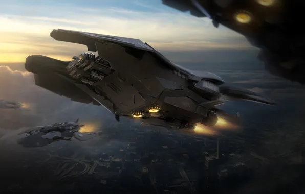 Картинка облака, полёт, летательные аппараты, Space Ship