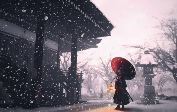 Картинка девушка, снег, зонт, храм
